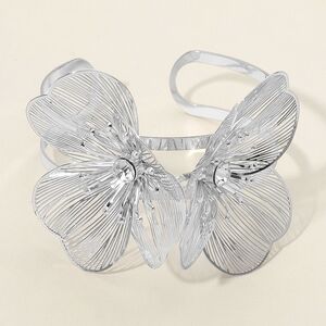 Silver Filigree Flower Arm Cuff Bracelet Stone Metal Statement Accessory Womens